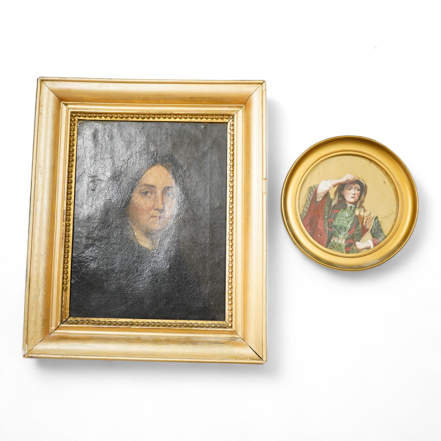 Victorian School, Portrait of a lady in mourning, oil on canvas, and 'Miss Ellen Terry', oil on silk, largest 27 x 21cm